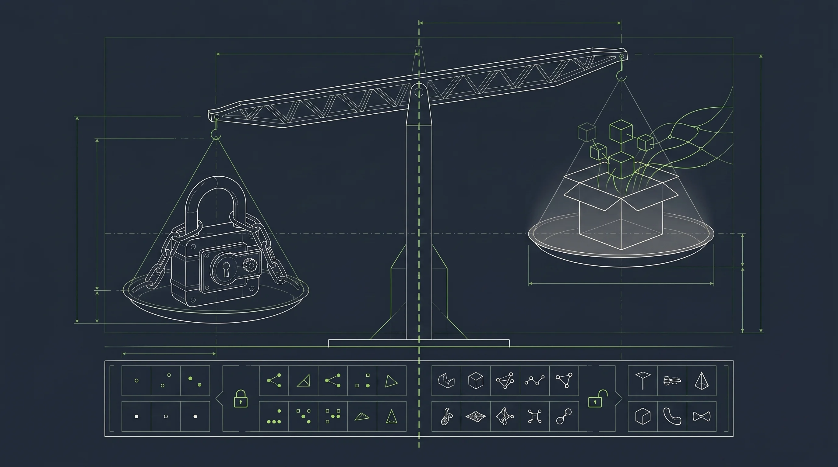 Blueprint illustration of a balance scale weighing a chained padlock against an open box with model weights flowing freely